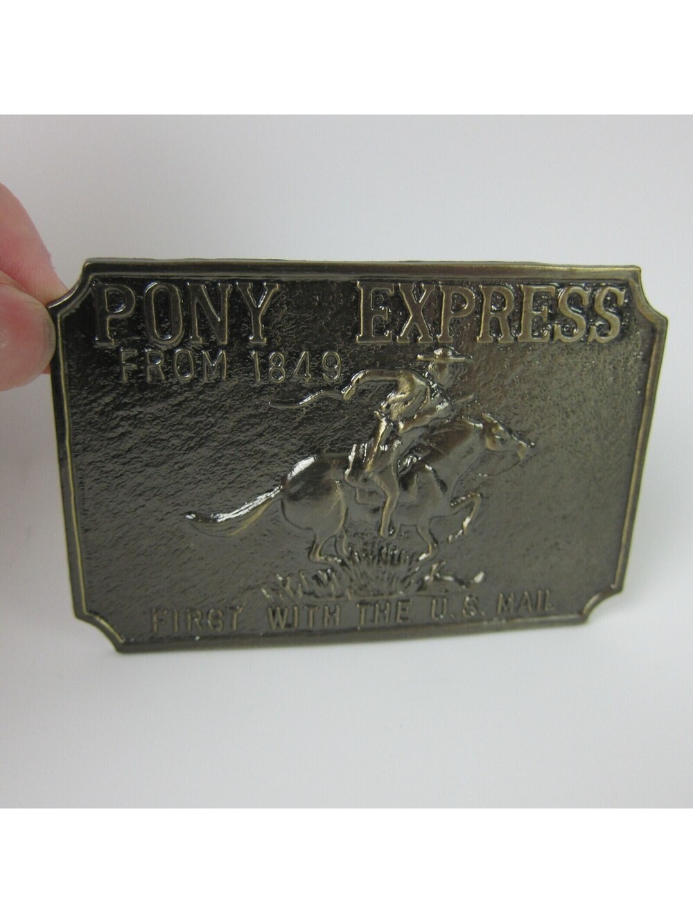 Vintage Pony Express Metal Belt Buckle Horse Cowboy Western Wells Fargo US Mail